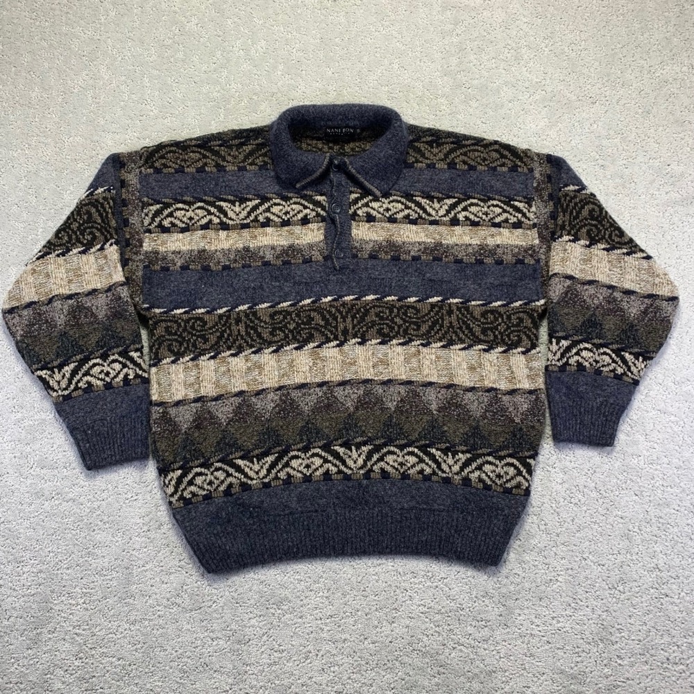 Nani Bon Sweater Mens Size 56 M? Blue Mohair Geometric Pattern Textured Striped‎